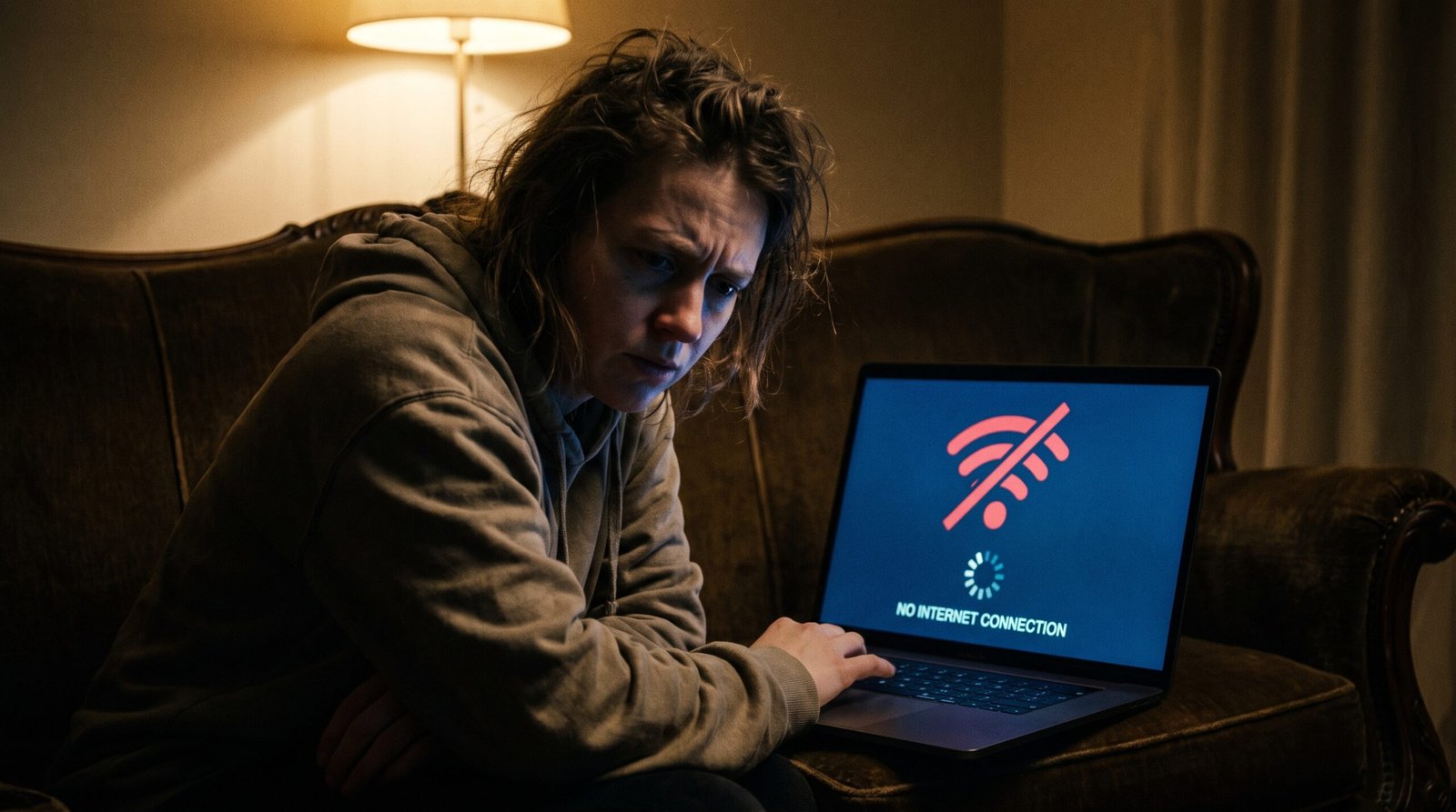 Pessoa estressada no sofá da sala segurando um notebook com internet lenta e símbolo de carregamento na tela.