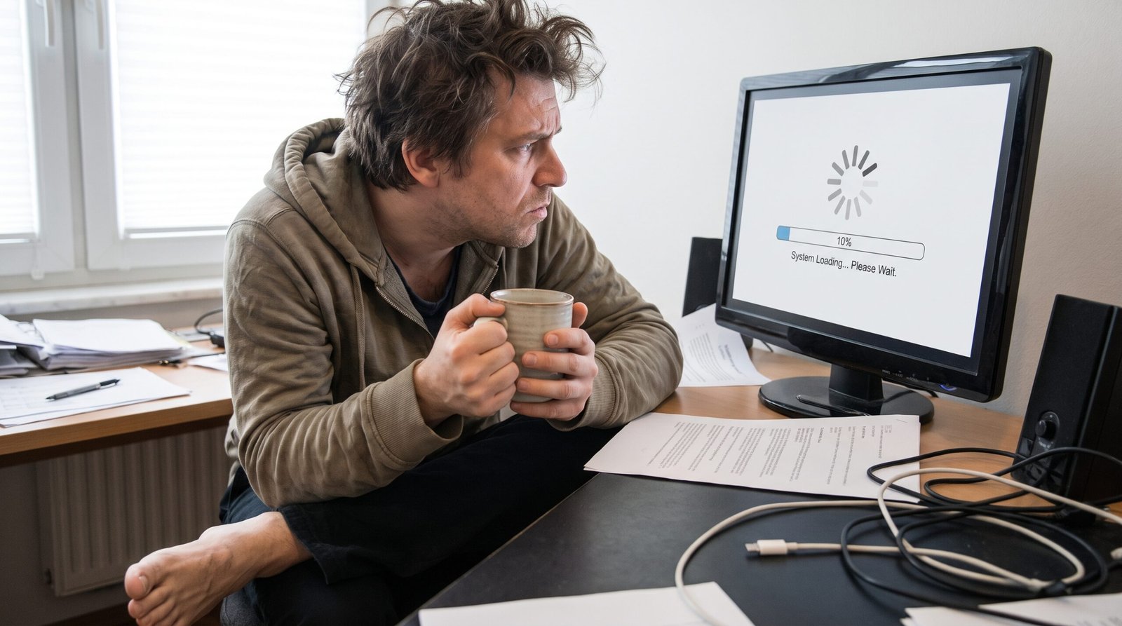 Pessoa estressada, segurando uma xícara de café, aguardando impaciente enquanto o computador demora muito tempo para ligar e carregar o sistema.