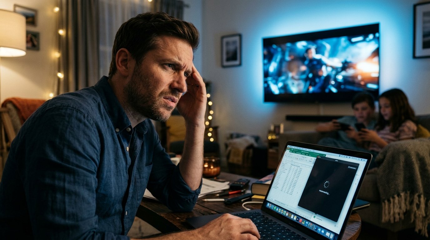 Pessoa estressada trabalhando no notebook enquanto a Smart TV consome toda a internet na sala.