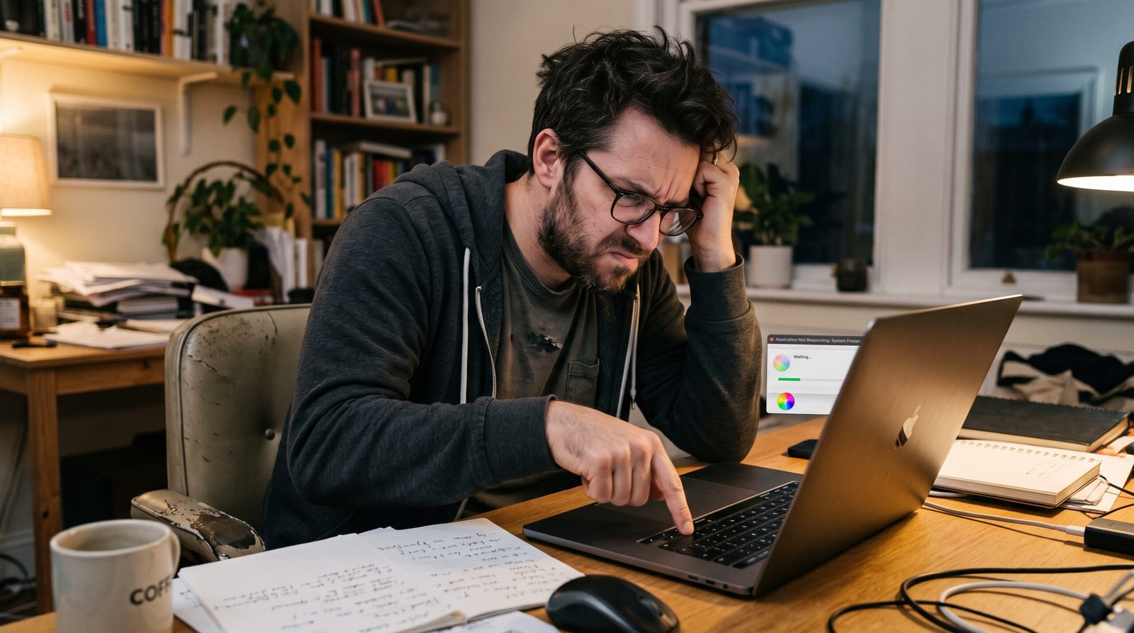 Pessoa frustrada no escritório em casa batendo repetidamente com o dedo em uma única tecla do notebook que parou de funcionar
