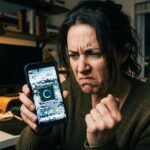 Pessoa frustrada no escritório segurando um smartphone lento, travado e com o ícone de carregamento infinito na tela