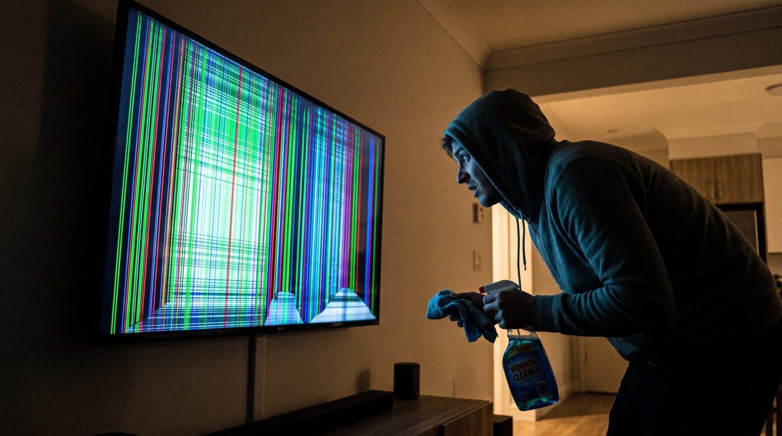Pessoa frustrada no escuro segurando um frasco de limpa-vidros em spray observando a sua Smart TV com a tela danificada e exibindo linhas verticais coloridas de defeito.