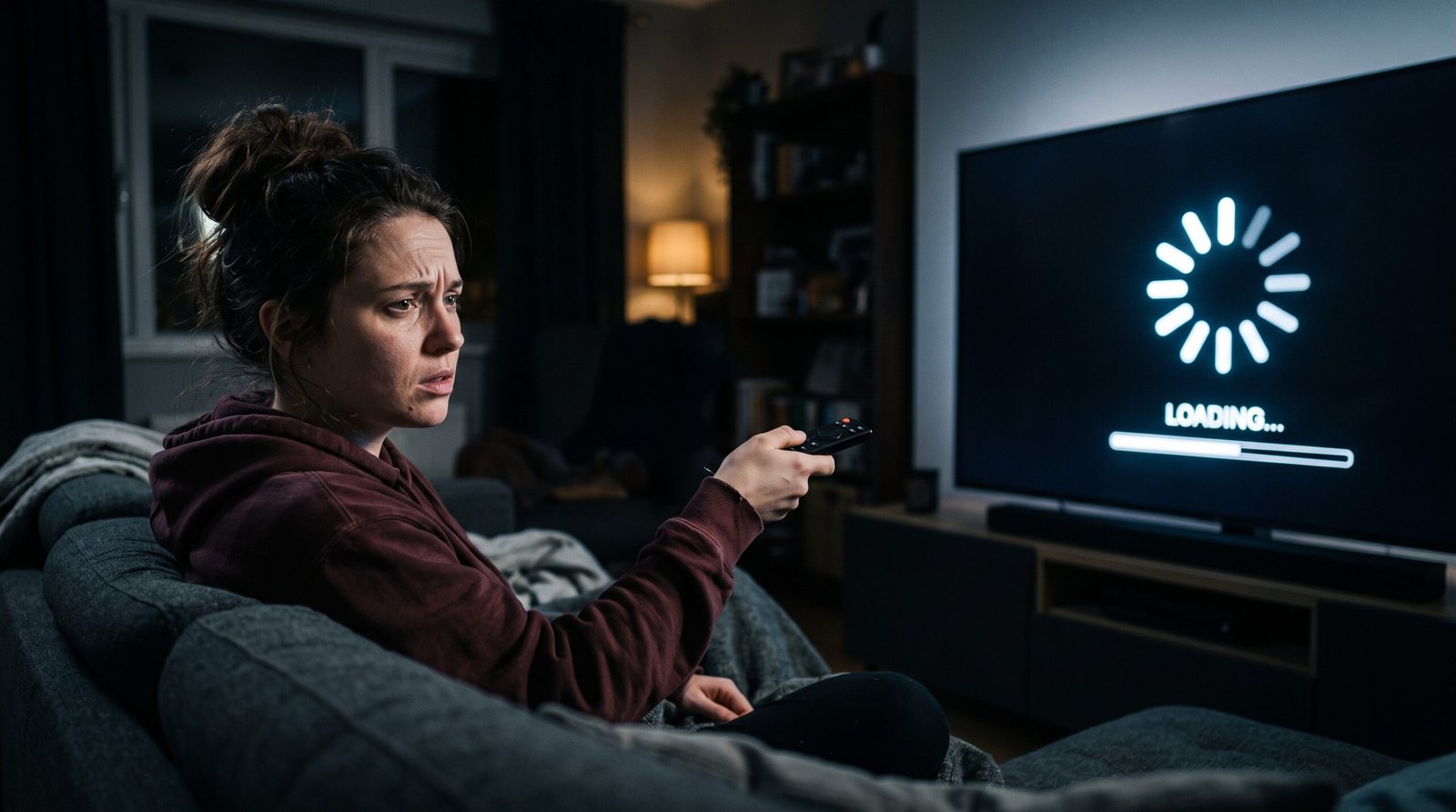 Pessoa frustrada no sofá apontando o controle remoto para uma Smart TV com a imagem congelada no carregamento.