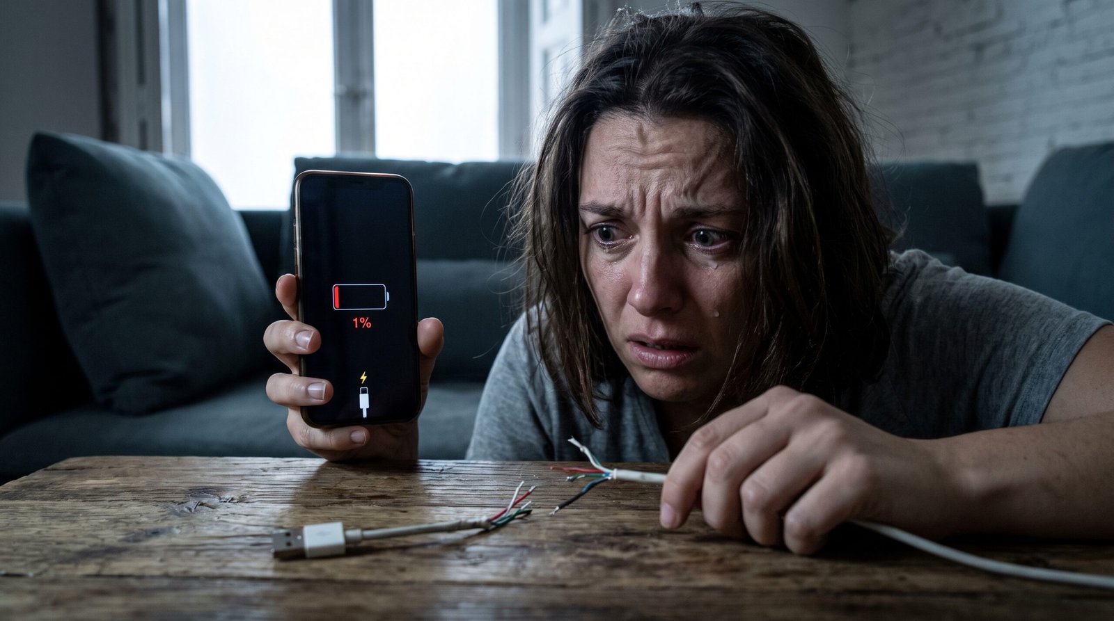 Pessoa frustrada no sofá com celular marcando 1% de bateria olhando para um carregador falsificado quebrado na mesa.