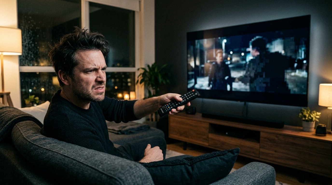 Pessoa frustrada no sofá com o controle remoto assistindo a um filme pixelado e escuro na Smart TV.