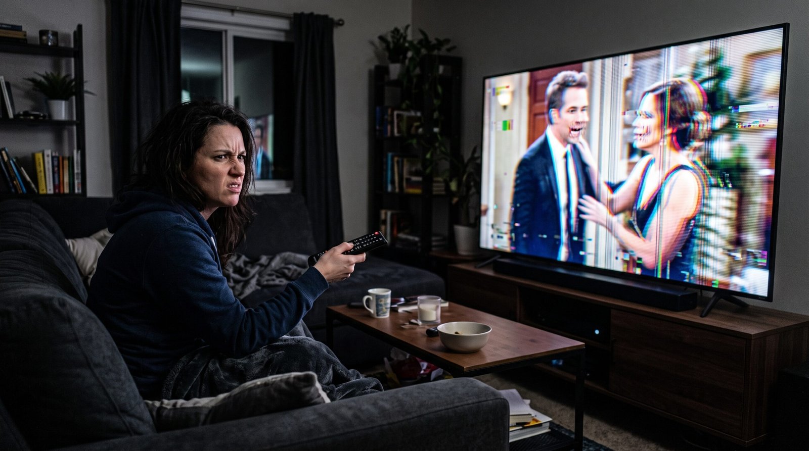 Pessoa frustrada no sofá escuro de casa segurando um controle remoto, olhando incomodada e confusa para a tela gigante de sua Smart TV nova 4K