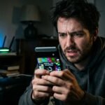 Pessoa frustrada no sofá escuro tentando assistir a um vídeo travando no celular devido ao Wi-Fi lento e invadido.