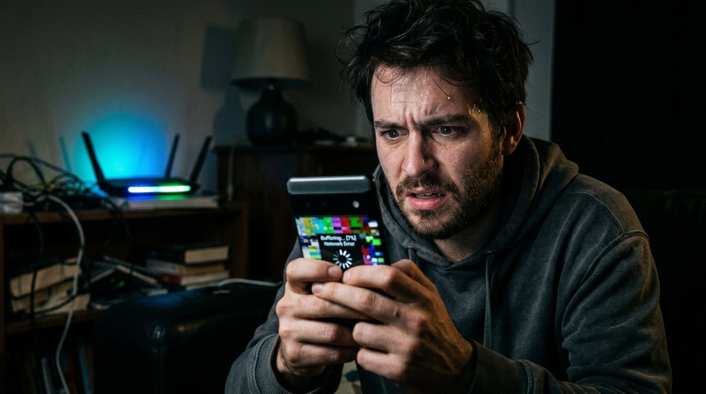 Pessoa frustrada no sofá escuro tentando assistir a um vídeo travando no celular devido ao Wi-Fi lento e invadido.