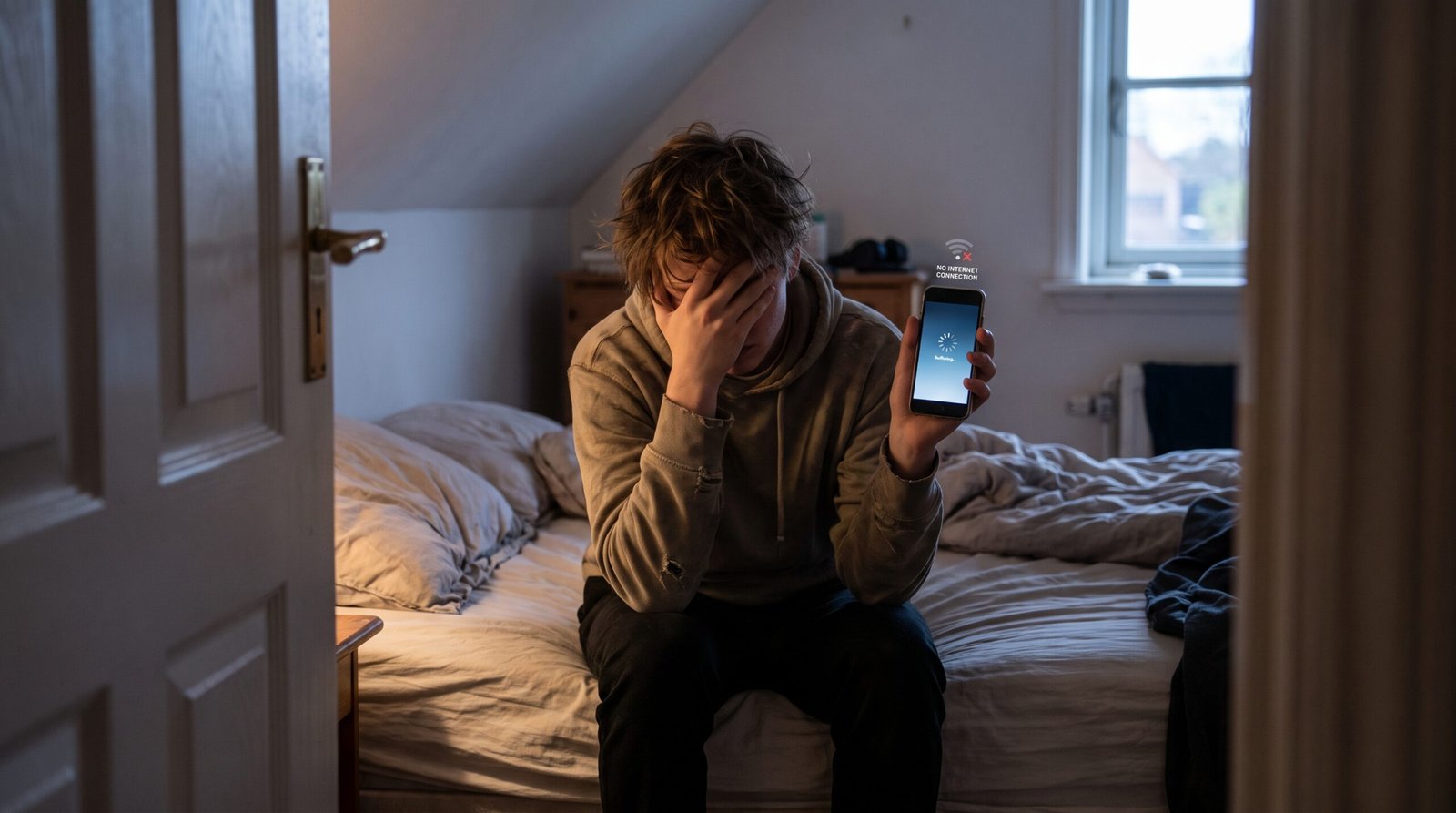 Pessoa frustrada sentada na cama do quarto distante, segurando um celular com o sinal fraco do Wi-Fi exibindo a tela de carregamento e falta de internet.