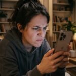 Pessoa incrivelmente frustrada e irritada na sala de estar, observando atenta e negativamente a tela do smartphone