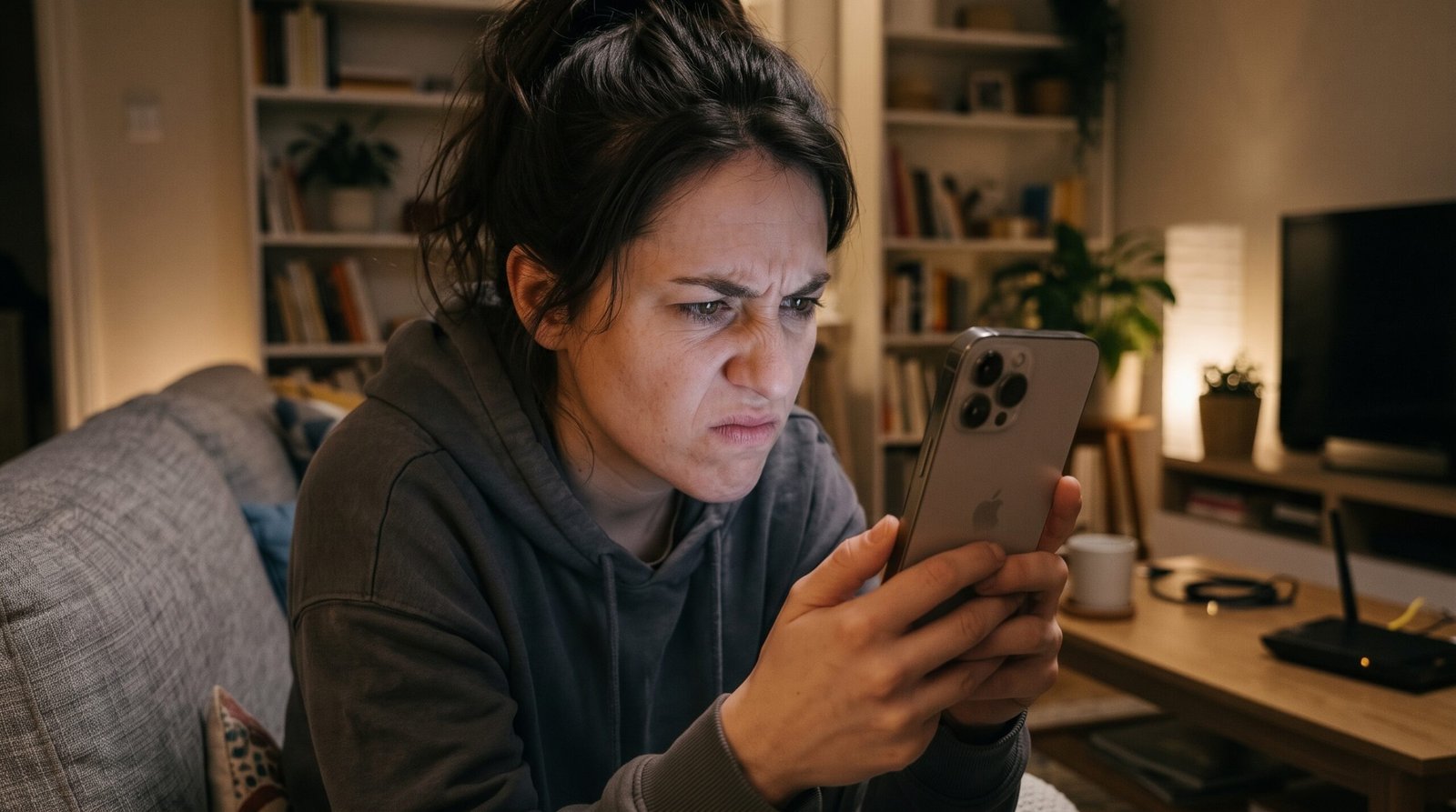 Pessoa incrivelmente frustrada e irritada na sala de estar, observando atenta e negativamente a tela do smartphone