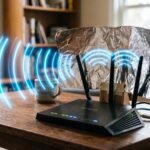 Roteador de internet em cima de uma mesa com um refletor curvo de papel alumínio atrás das antenas direcionando ondas de rádio azuis.