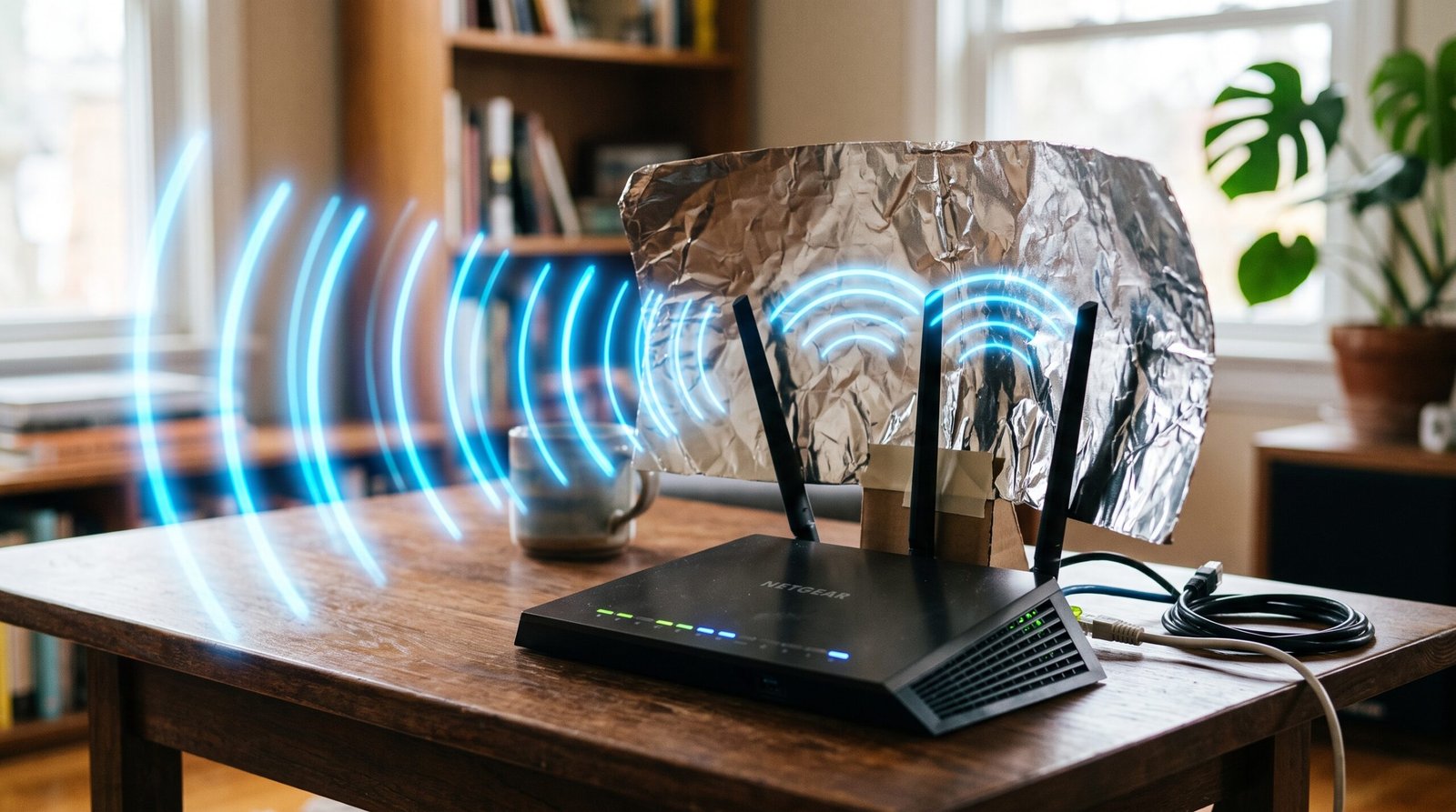 Roteador de internet em cima de uma mesa com um refletor curvo de papel alumínio atrás das antenas direcionando ondas de rádio azuis.