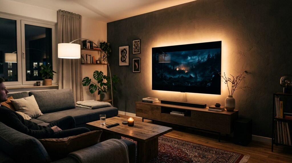 Sala de TV à noite com fita de LED quente instalada atrás do aparelho para criar uma iluminação de contraste perfeita.