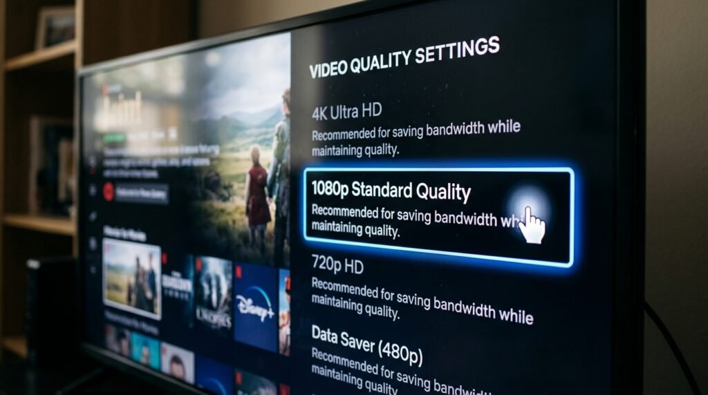Seleção manual da qualidade de vídeo em 1080p no menu de configurações para economizar dados de internet.