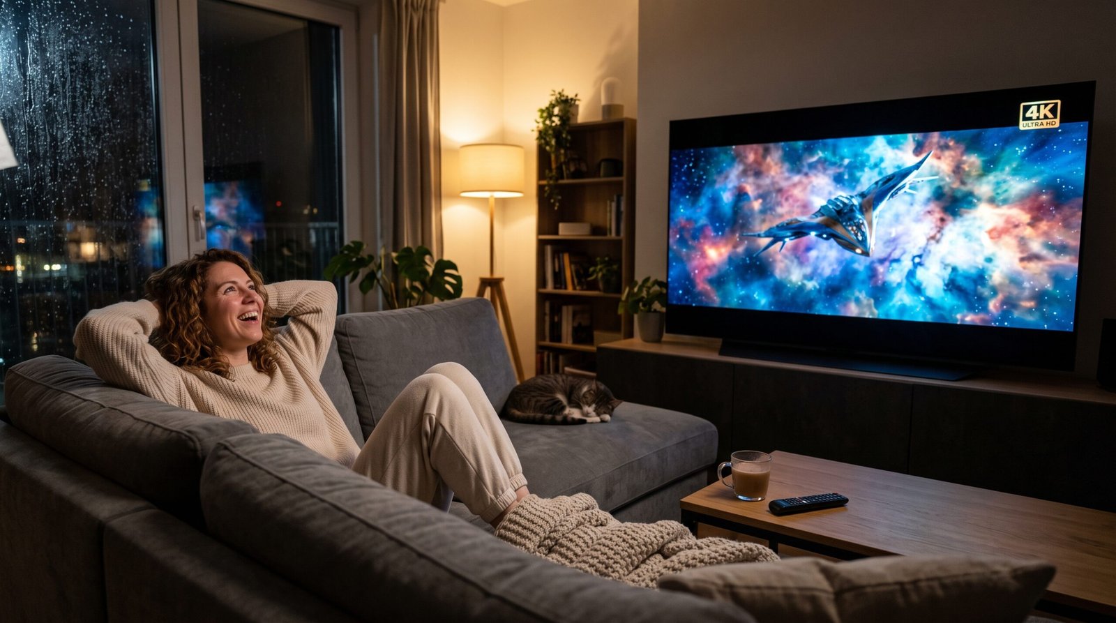 Smart TV OLED em frente transmite um formidável filme na deslumbrante clareza do 4K sem qualquer resquício de falhas ou listras invasoras