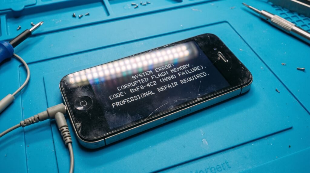Smartphone em uma bancada de manutenção com a tela congelada indicando erro fatal no chip de memória flash corrompido.