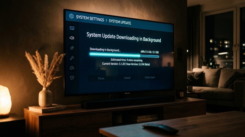 Tela de Smart TV baixando atualizações pesadas de sistema de forma automática e consumindo a internet.