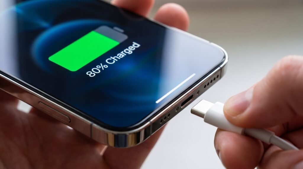Tela de celular marcando perfeitamente 80% de carga verde no momento em que o usuário desconecta o cabo.