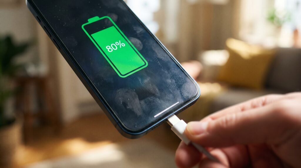 Tela de celular mostrando 80% de bateria enquanto o cabo do carregador é desconectado.
