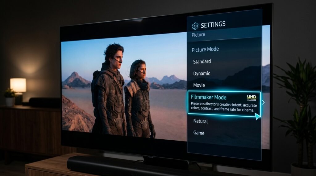 Tela de menu de configurações de imagem da Smart TV com o Modo Filme ou Modo Cinema devidamente selecionado.