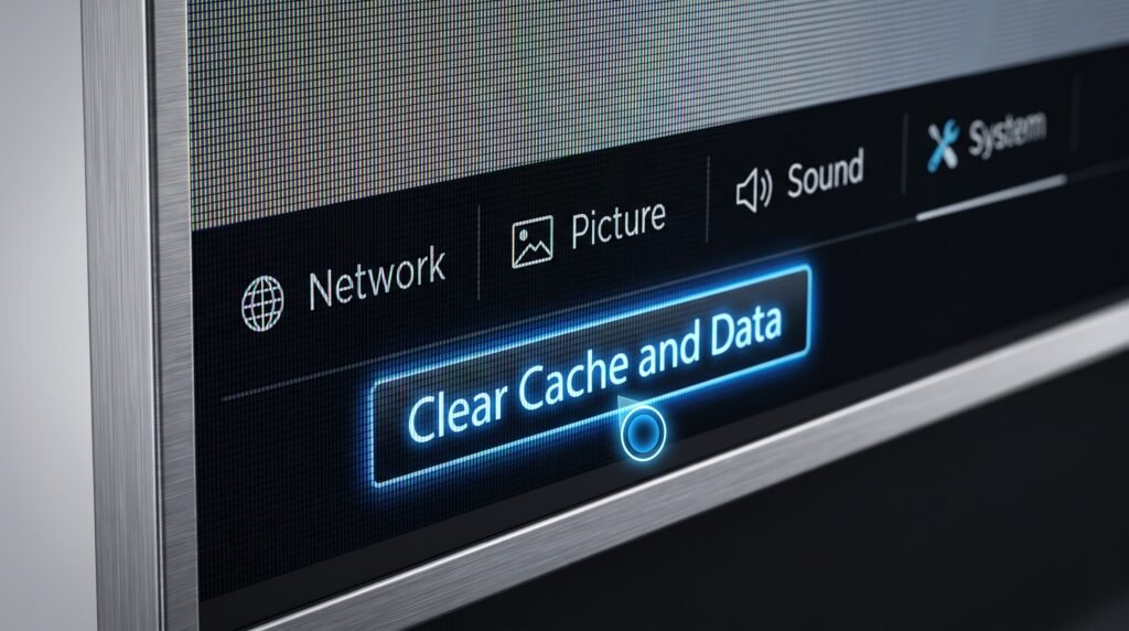 Tela de menu de configurações de uma Smart TV com destaque para a opção de limpar dados e cache do sistema.