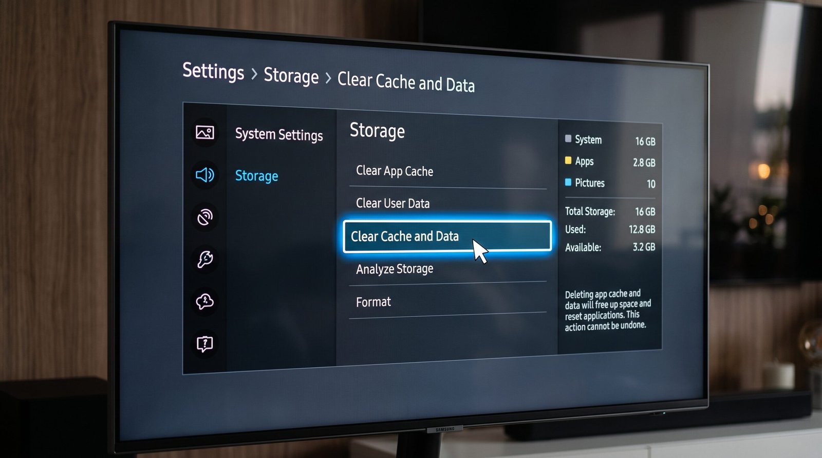 Tela de menu de configurações do Android TV com destaque para a opção de limpar dados e o cache do sistema.