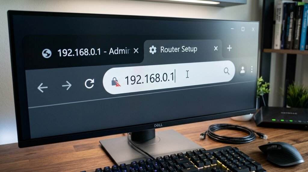 Tela de navegador no computador mostrando a digitação do número de IP 192.168.0.1 para acessar as configurações do roteador.