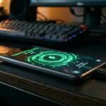 Tela de um smartphone moderno exibindo a notificação de Carregamento Super Rápido na mesa.