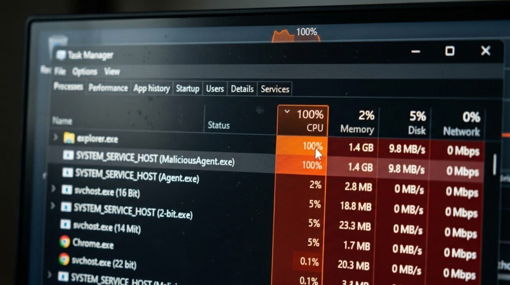 Tela do Gerenciador de Tarefas do Windows focada em um programa malicioso consumindo 100% do processador.