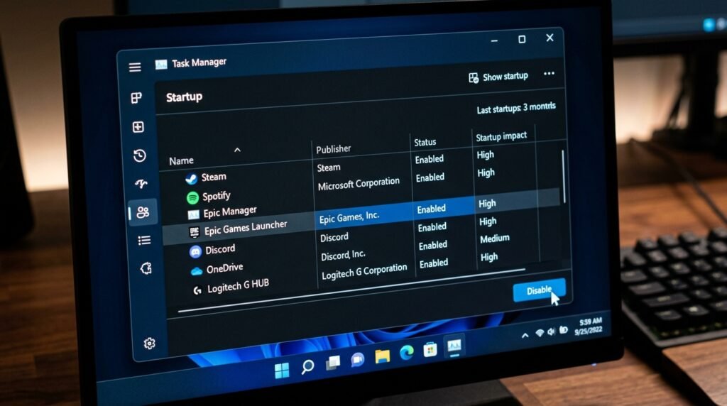 Tela do Gerenciador de Tarefas do Windows focada no processo de desativar os programas pesados de inicialização.