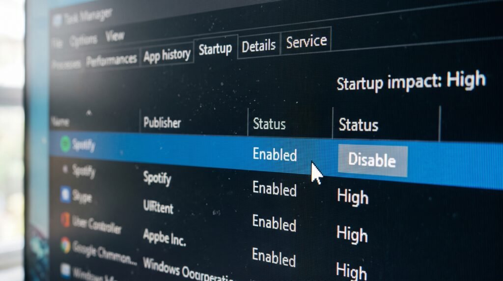 Tela do Gerenciador de Tarefas do Windows mostrando o processo de desativação de programas pesados de inicialização.