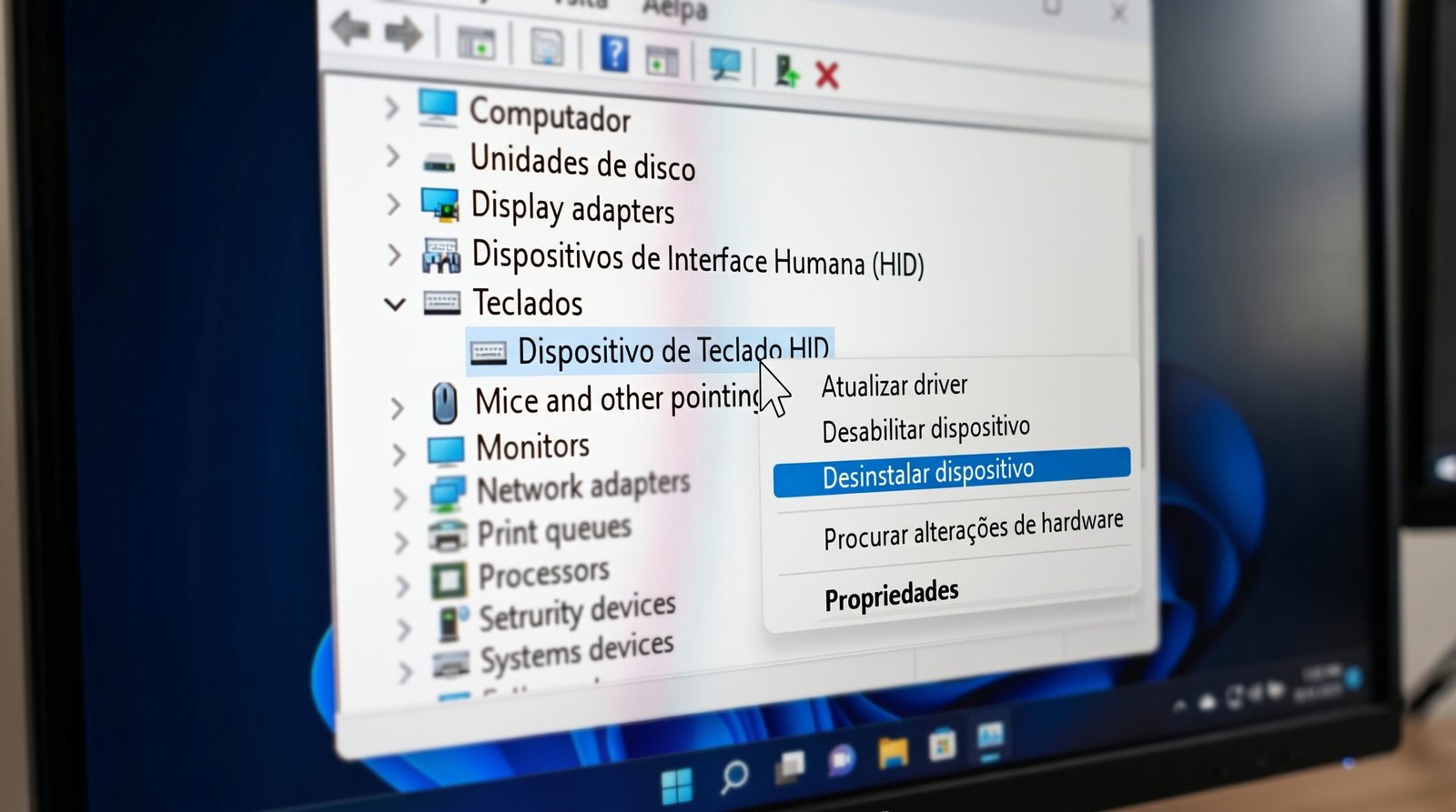 Tela do Windows no utilitário de Gerenciador de Dispositivos com foco profundo no cursor do mouse
