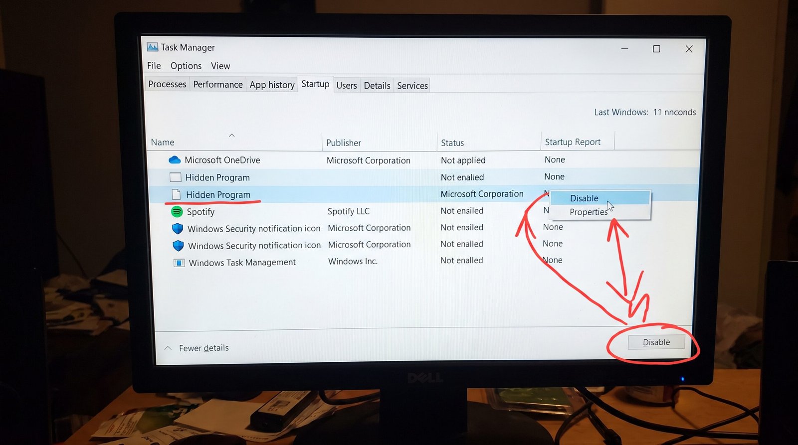 Tela do monitor mostrando a aba Inicializar do Gerenciador de Tarefas do Windows com destaque no botão de desativar programas ocultos.