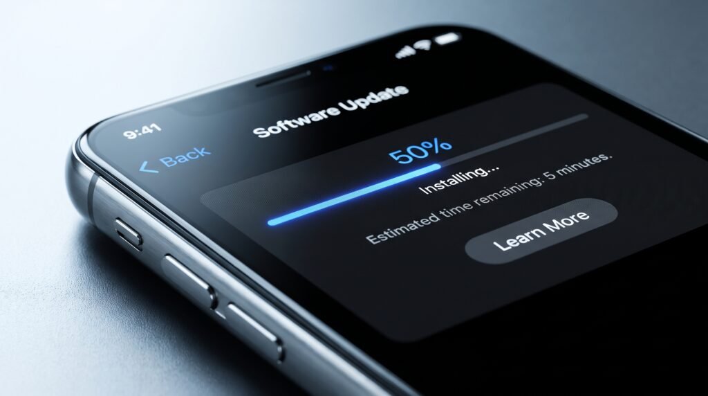 Tela do smartphone exibindo o menu de atualização de sistema operacional em andamento.