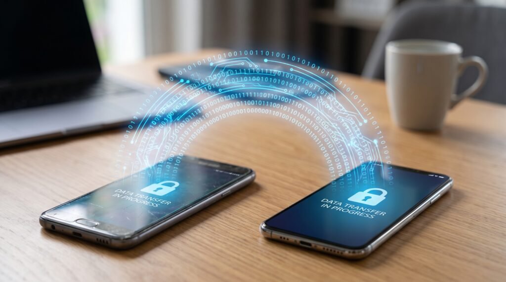 Transferência de dados segura e criptografada entre um celular antigo e um celular novo lado a lado.
