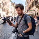 Turista estressado na rua, sob a luz do sol, segurando um smartphone com a bateria fraca que está conectado pelo cabo a um carregador portátil power bank