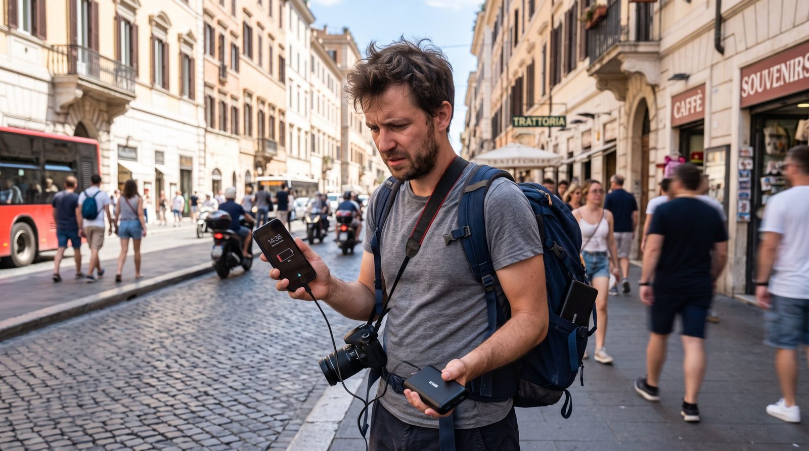 Turista estressado na rua, sob a luz do sol, segurando um smartphone com a bateria fraca que está conectado pelo cabo a um carregador portátil power bank