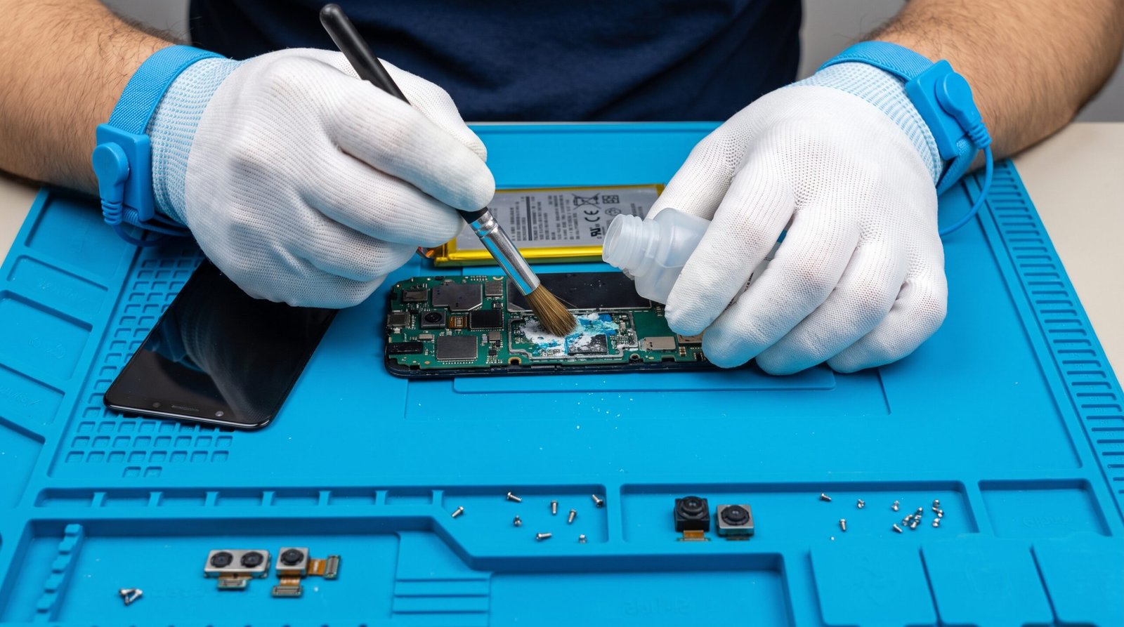 Um aparelho de telefone celular todo aberto sobre uma bancada azul de técnico em manutenção