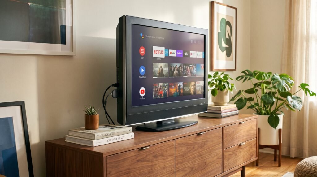 Uma Smart TV antiga modernizada por um dispositivo TV Box (streaming stick) conectado à porta HDMI.