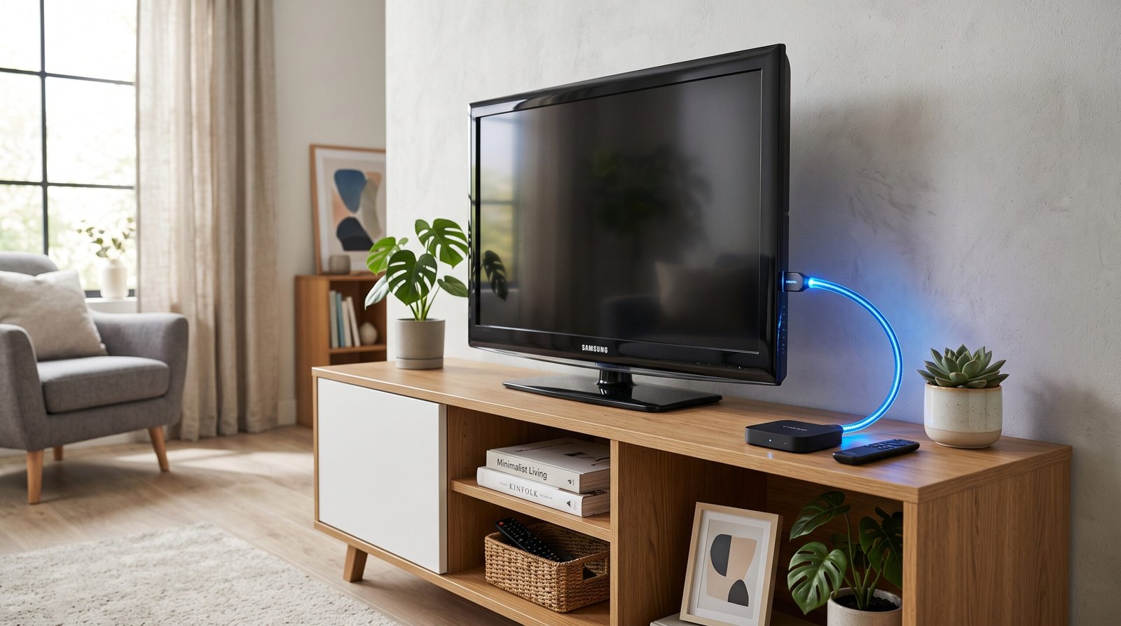 Uma Smart TV antiga sendo operada por um dispositivo TV Box (streaming stick) moderno e rápido conectado à porta HDMI.