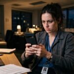 Uma pessoa de trabalho exausta, segurando firmemente o seu smartphone e visivelmente frustrada