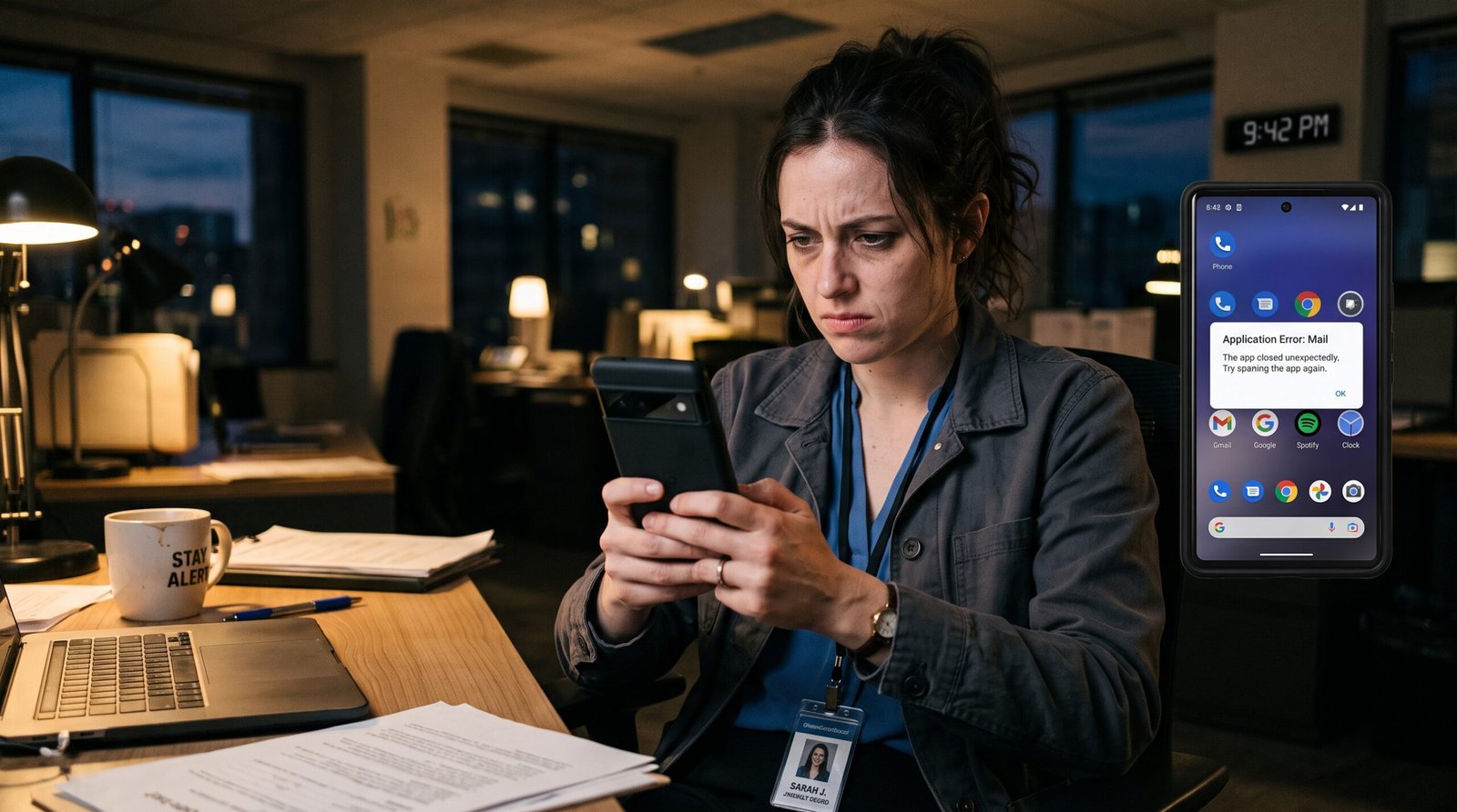 Uma pessoa de trabalho exausta, segurando firmemente o seu smartphone e visivelmente frustrada