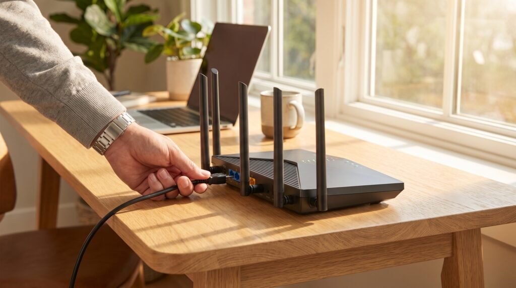 Usuário desconectando o cabo de energia de um roteador moderno na tomada para reiniciar a internet com segurança.