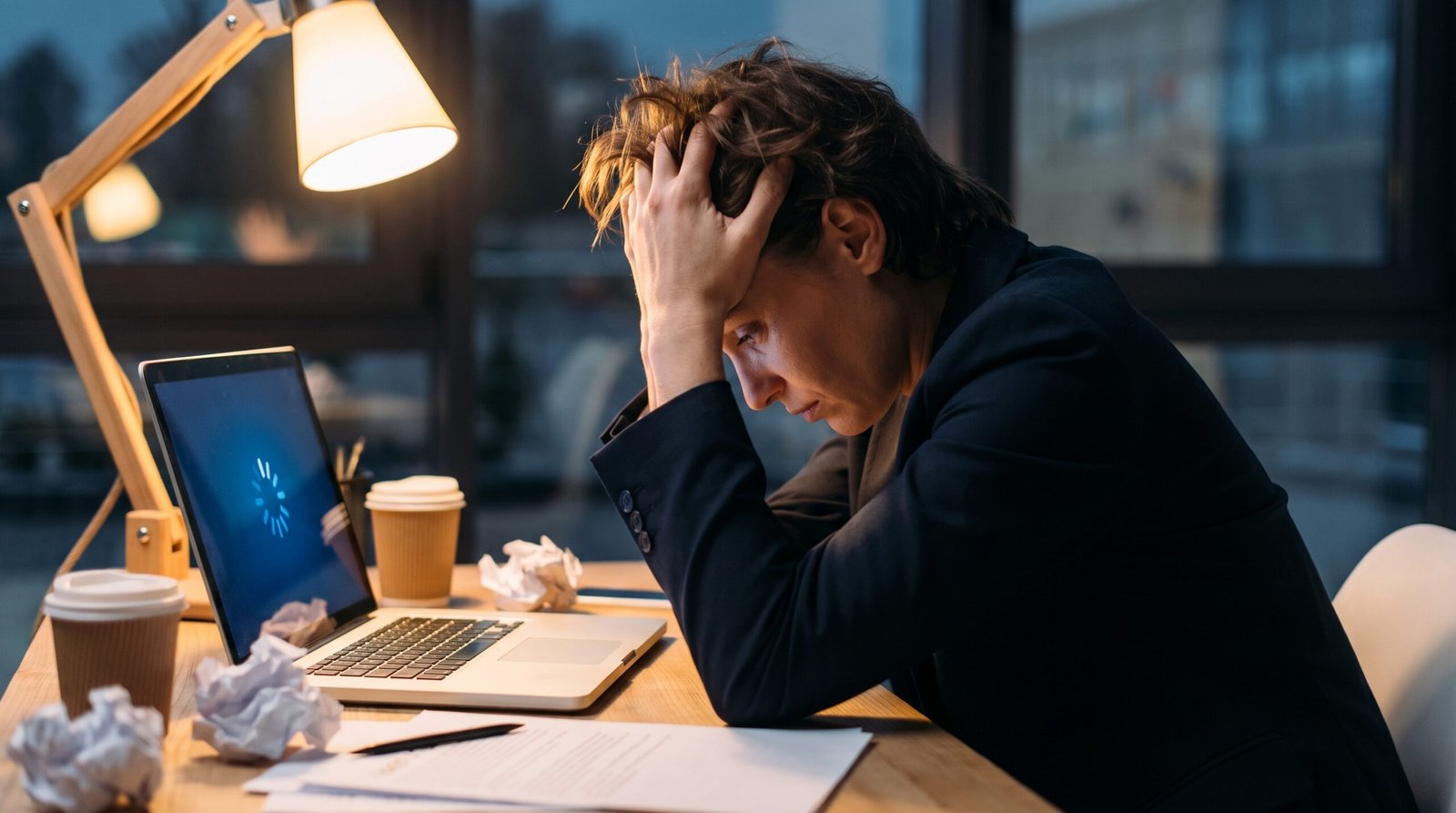 Usuário estressado aguardando o carregamento infinito de um notebook lento na mesa de trabalho.