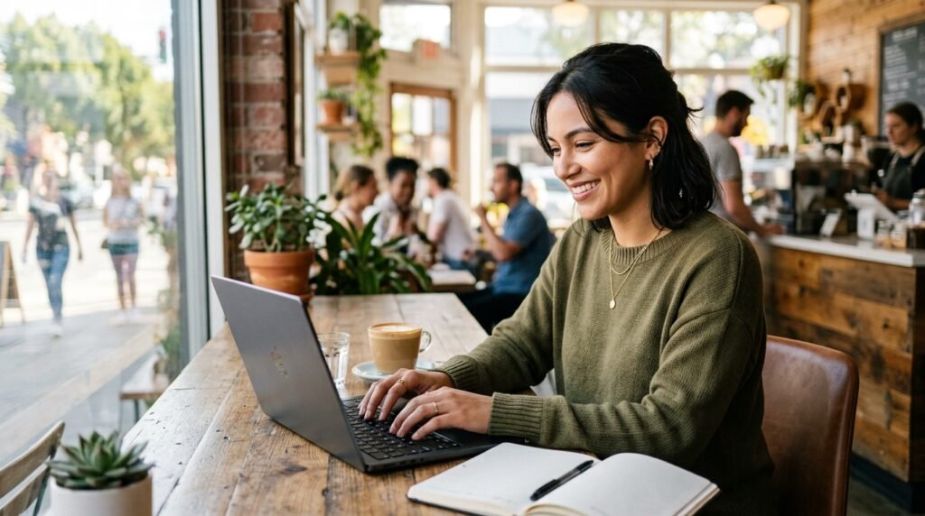 Usuário extremamente feliz, focado e produtivo trabalhando de forma fluida em um notebook silencioso e veloz.
