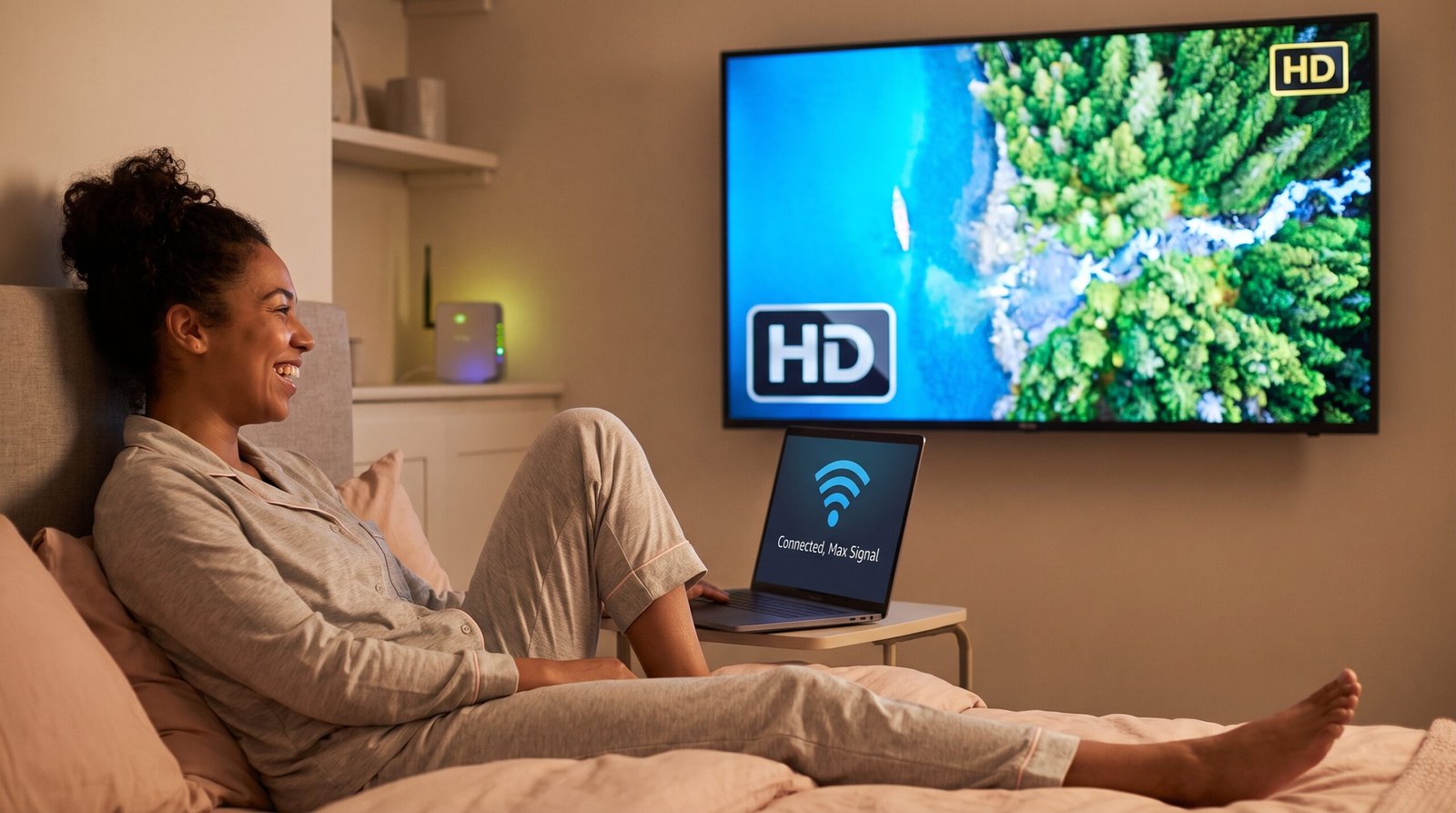 Usuário extremamente feliz, relaxado e satisfeito assistindo tranquilamente a um filme em alta definição deitado na cama de seu quarto