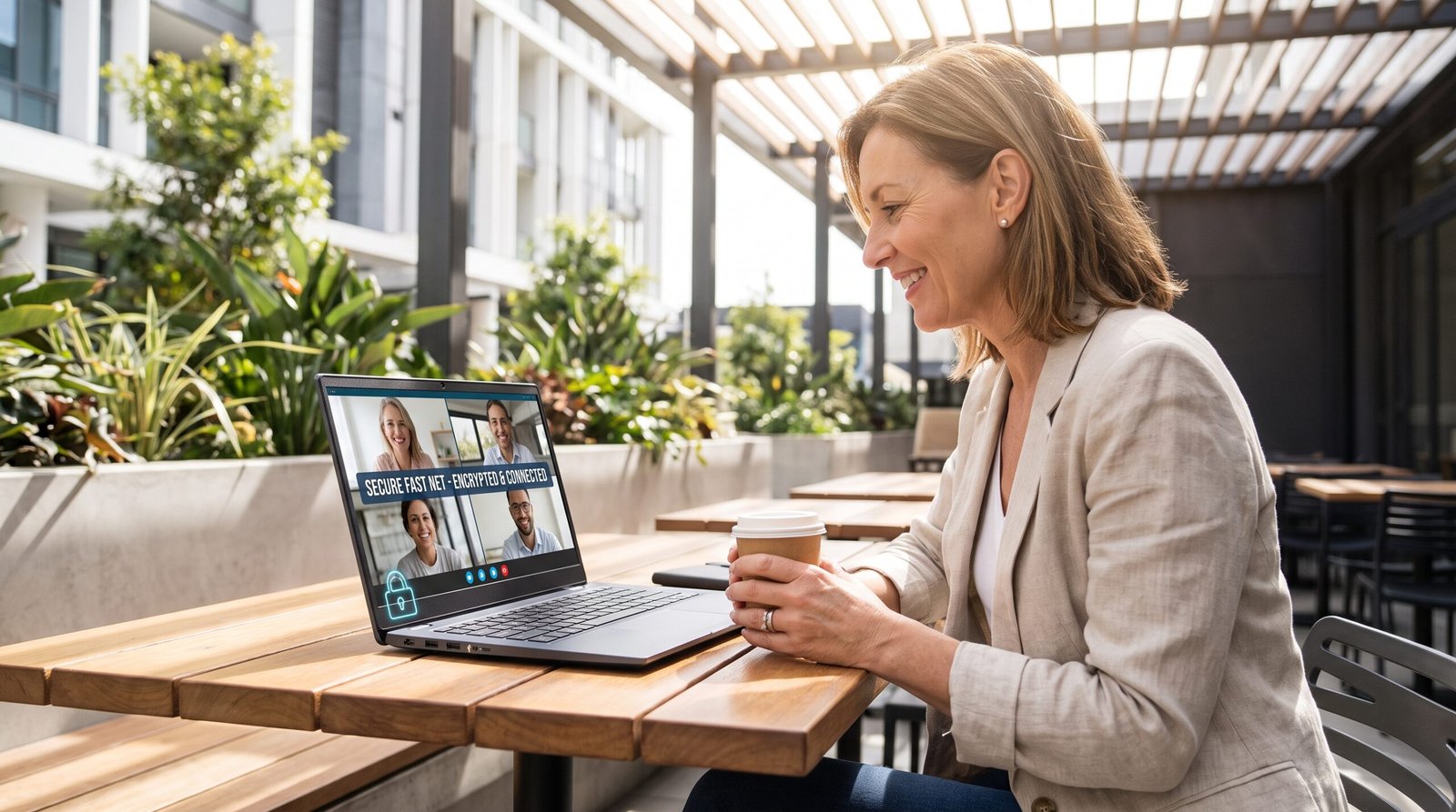 Usuário extremamente satisfeito, feliz e produtivo realizando uma videochamada sem interrupções com conexão Wi-Fi de alta velocidade perfeita.