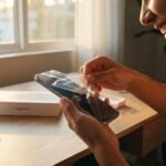 Usuário feliz abrindo a caixa de um smartphone novo e removendo o plástico de proteção da tela.