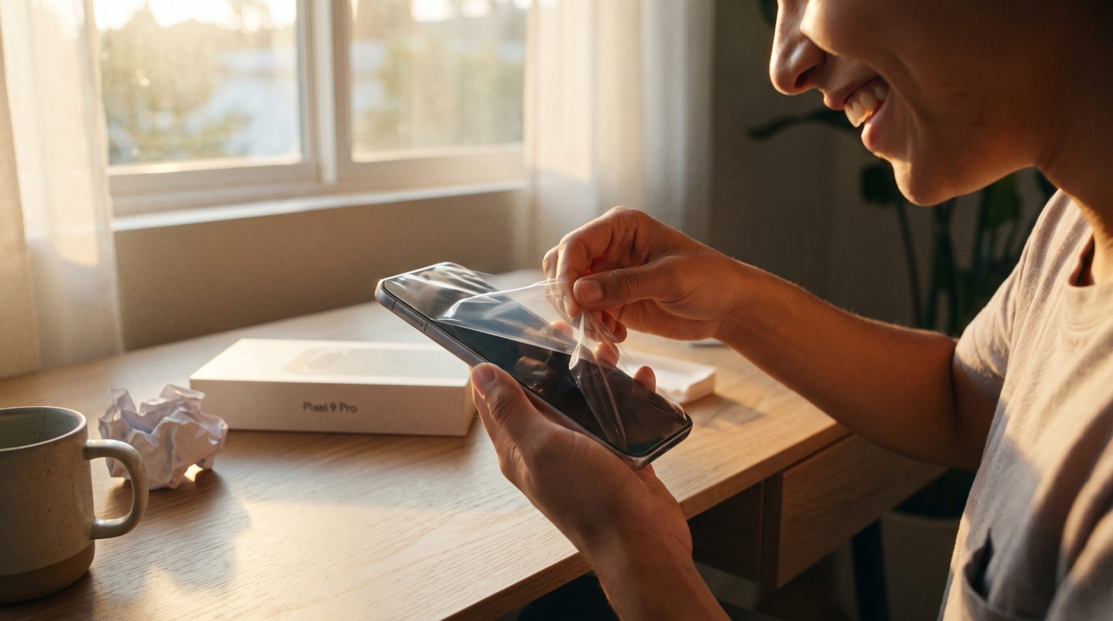Usuário feliz abrindo a caixa de um smartphone novo e removendo o plástico de proteção da tela.